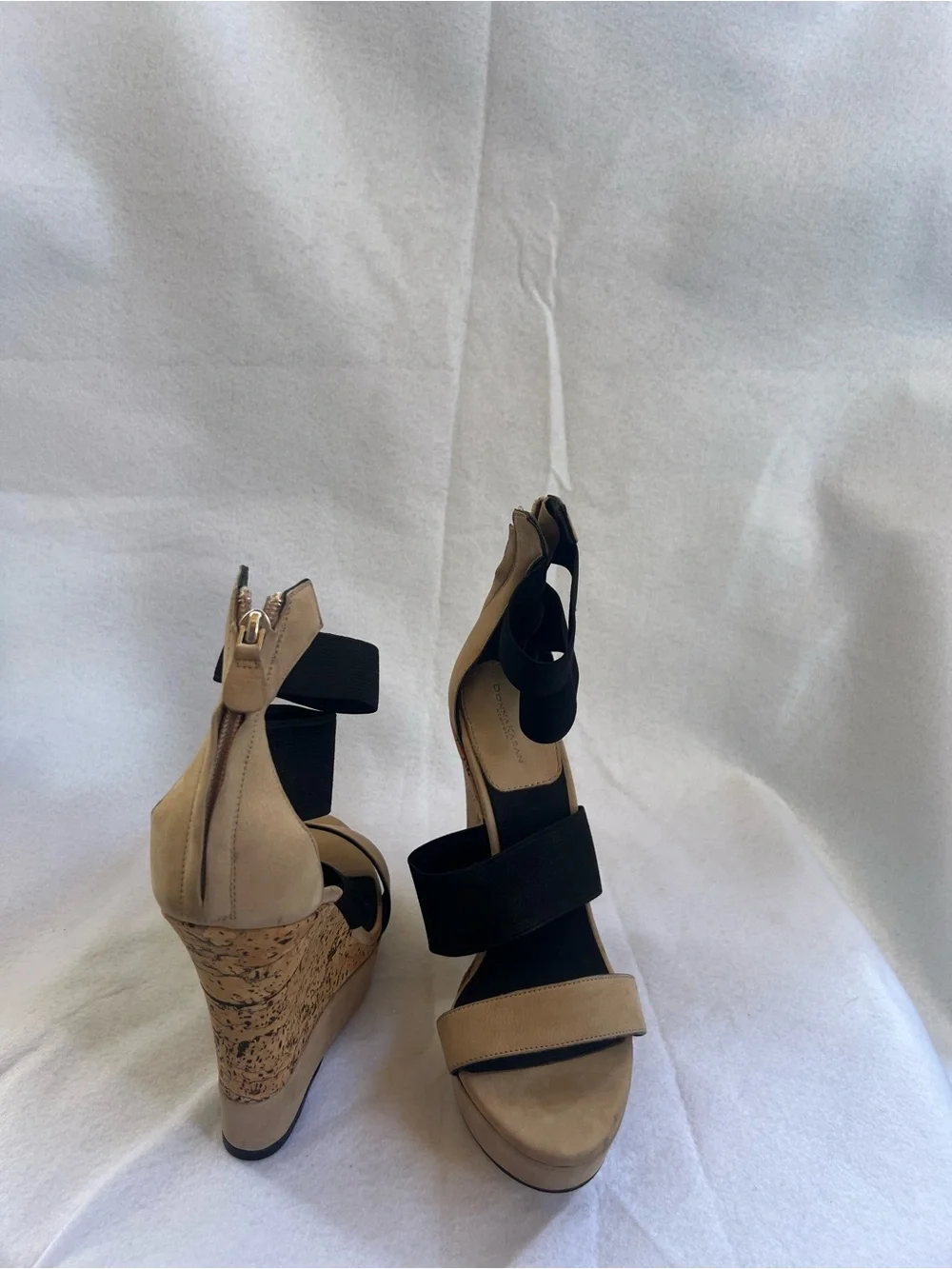Donna Karan Beige and Black Cork Wedge Sandal